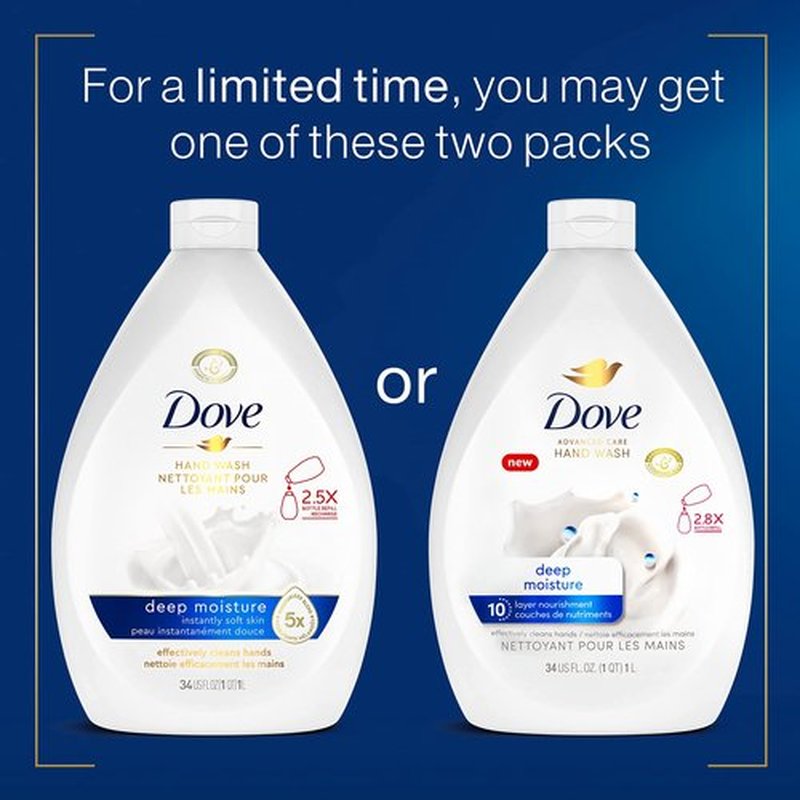 Dove Advanced Care Deep Moisture Hand Wash Pack of 3 for Soft, Smooth Skin More Moisturizers Than The Leading Ordinary Hand Soap, 34 oz and 4 Count 12 oz