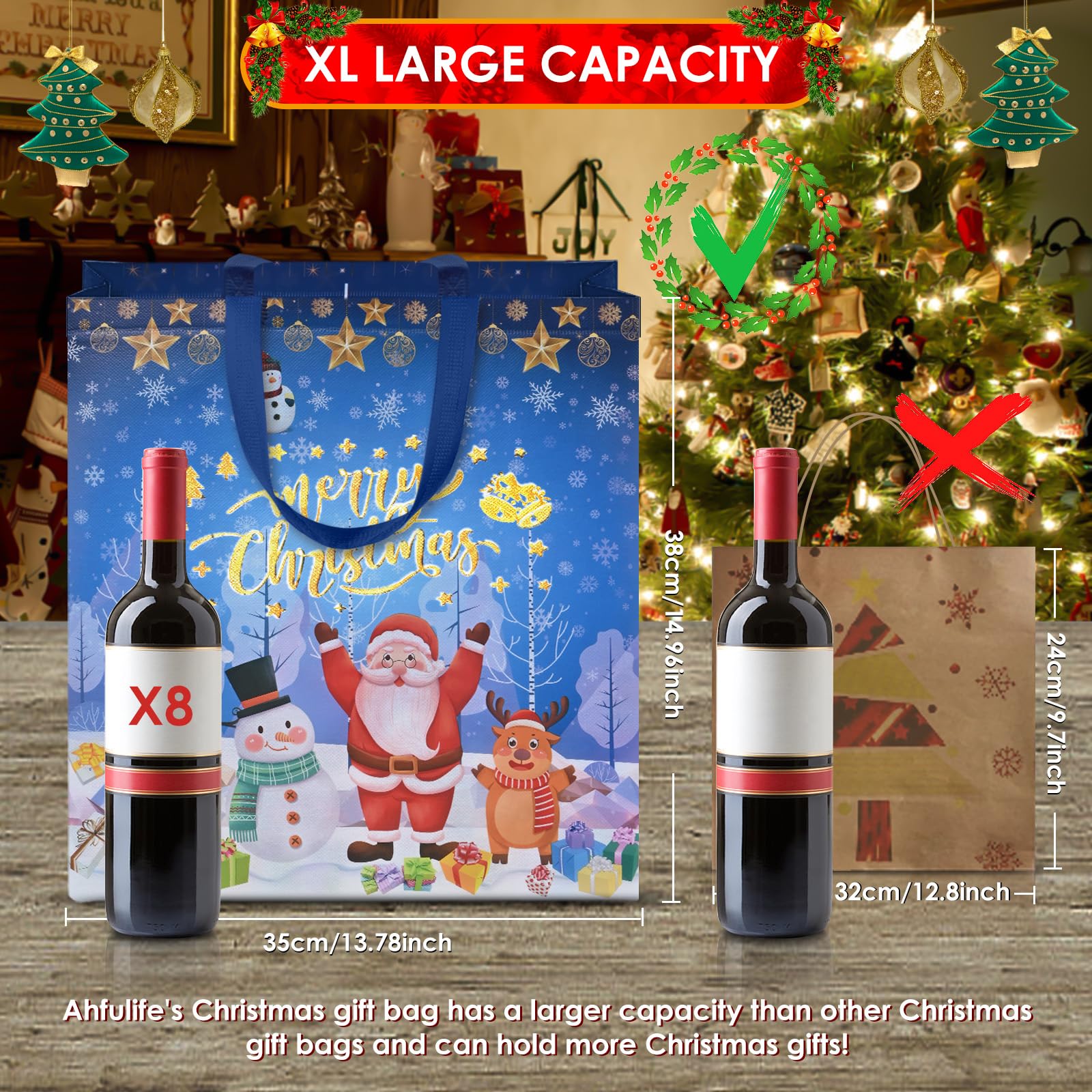 AhfuLife 18PCS Extra Large Christmas Gift Bags, 15''x13.7''x5.9'', Christmas Tote Bags with Handles, Reusable Non-woven Shopping Bags for New Year, Xmas's Party Supplies Decorations