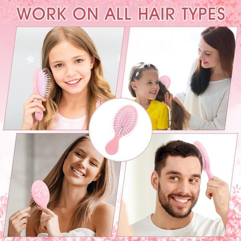 Meanplan 6 Pcs Mini Hair Brush Bulk with Bow Travel Detangling Brush Pink Coquette Small Hairbrush for Dry and Wet Hair Women Gift for Christmas Stocking Stuffers Party Favors(Pink)