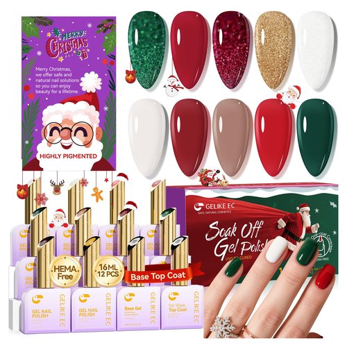 Gelike EC Christmas Gel Polish Set: Highly Pigmented Gel Nail Polish with Hema Free Base Top Coat and Greeting Color Cards 12pcs 16ML Big Bottle for Young Women - Festival Gift & DIY at Home
