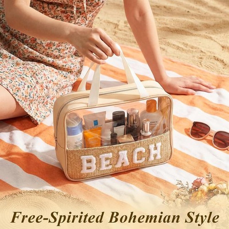 Kajaia Clear Beach Bag - Large Woven Transparent Makeup & Toiletry Storage | Boho Preppy Design - Beige