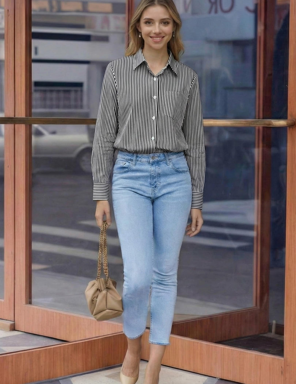 GEKCM Striped Button Down Shirt for Women Long Sleeve Tops Office Blouses 2026 Dressy Casual Loose Fit Shirts with Pocket
