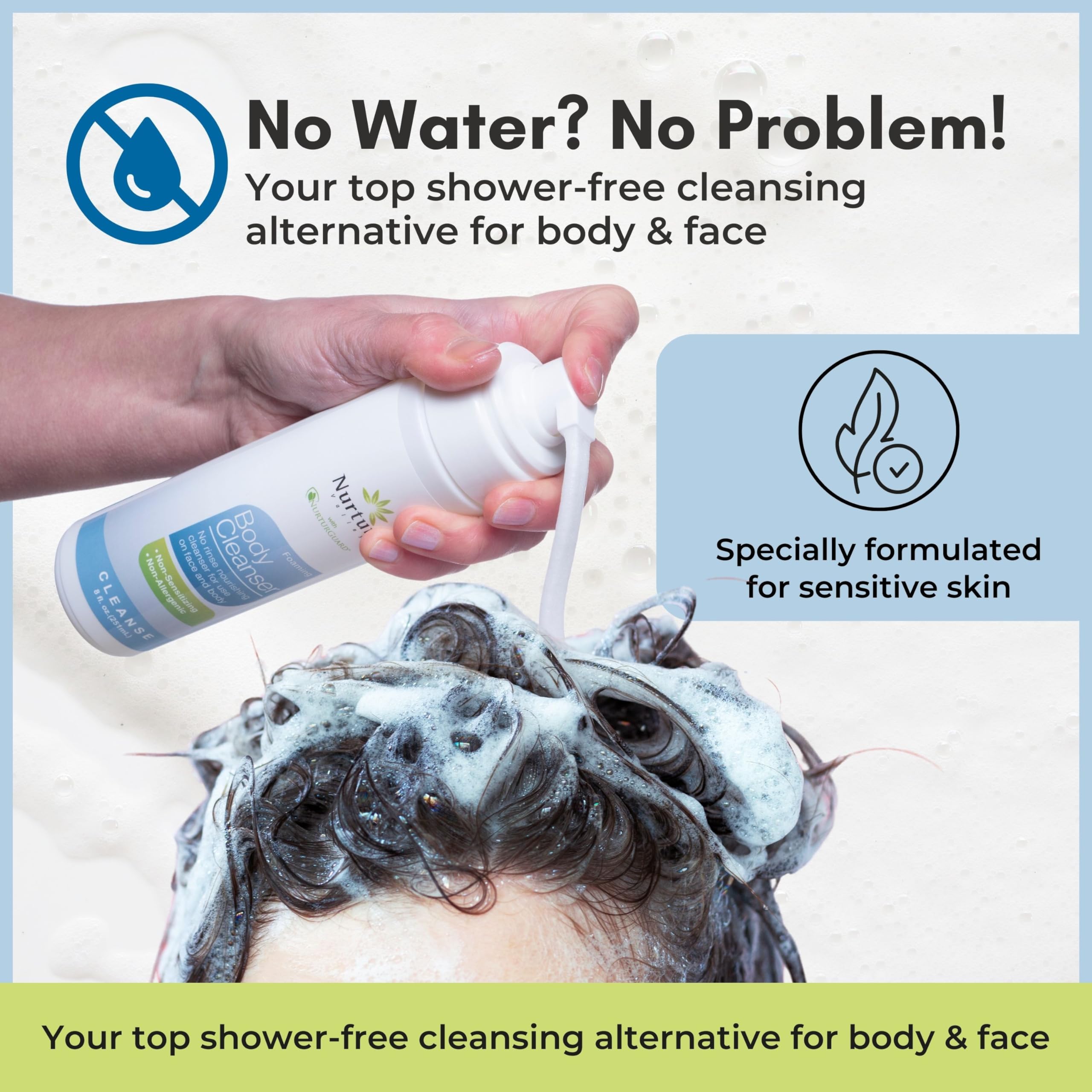 Nurture Rinse Free Waterless Foaming Cleanser | Women, Camping, Elderly & Hospital Care | Waterless Shower & Bath Wash w/Aloe for Sensitive Dry Skin