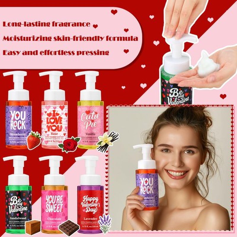 Swiffen 6 Pack Valentine's Foaming Hand Soap with Pump Care Moisturizing Liquid Scented Foam Hand Wash Valentine's Galentine's Day Sweet Gifts for Kitchen Bathroom Family Teacher Staff 8.75 Fl. oz