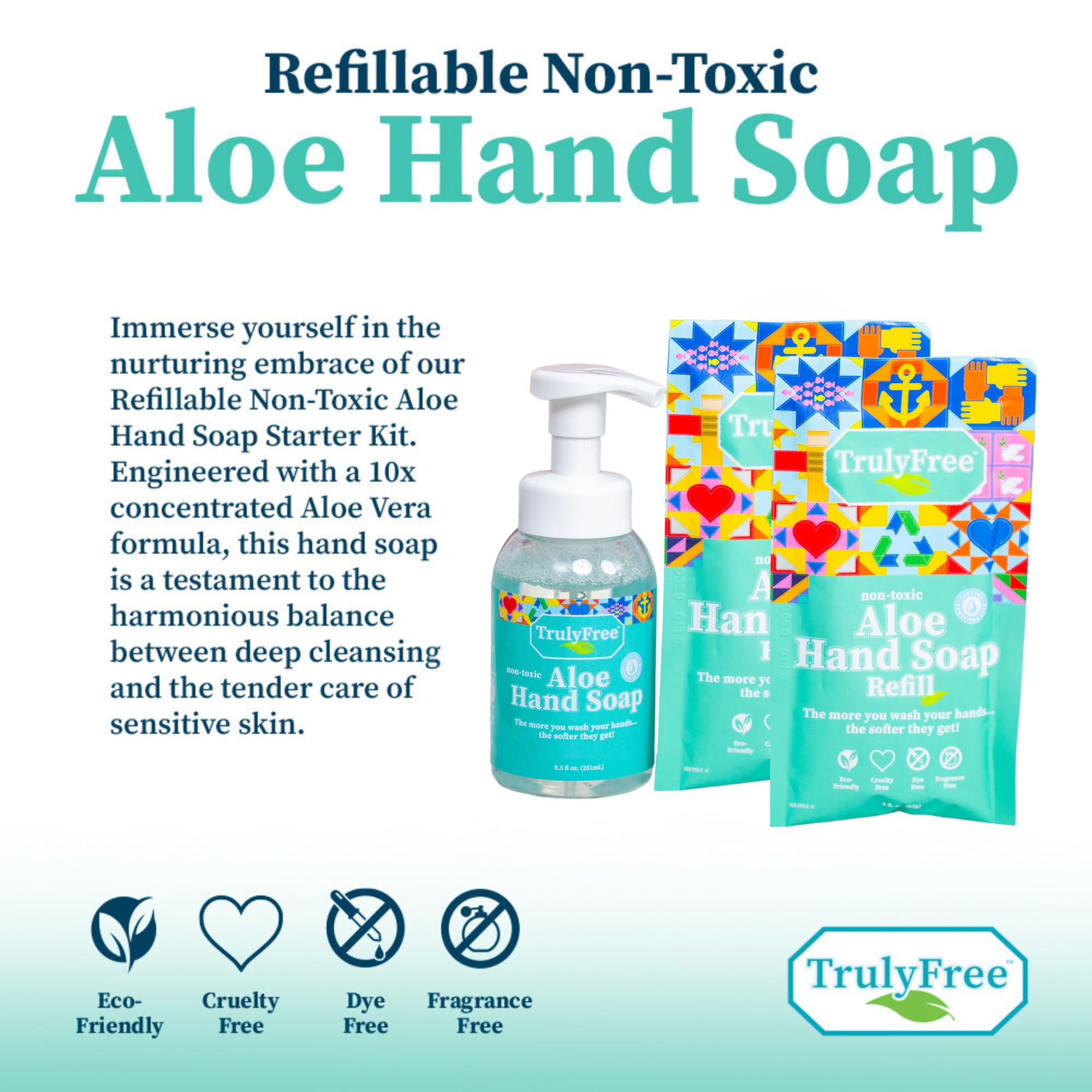 Truly Free Aloe Unscented Hand Soap - 10x Concentrated Aloe Vera, Non-Drying Gentle Cleanser - Bathroom Hand Soap - 1 Empty Bottle with Foaming Dispenser Pump + 2 Moisturizing Hand Soap Refill Pouches
