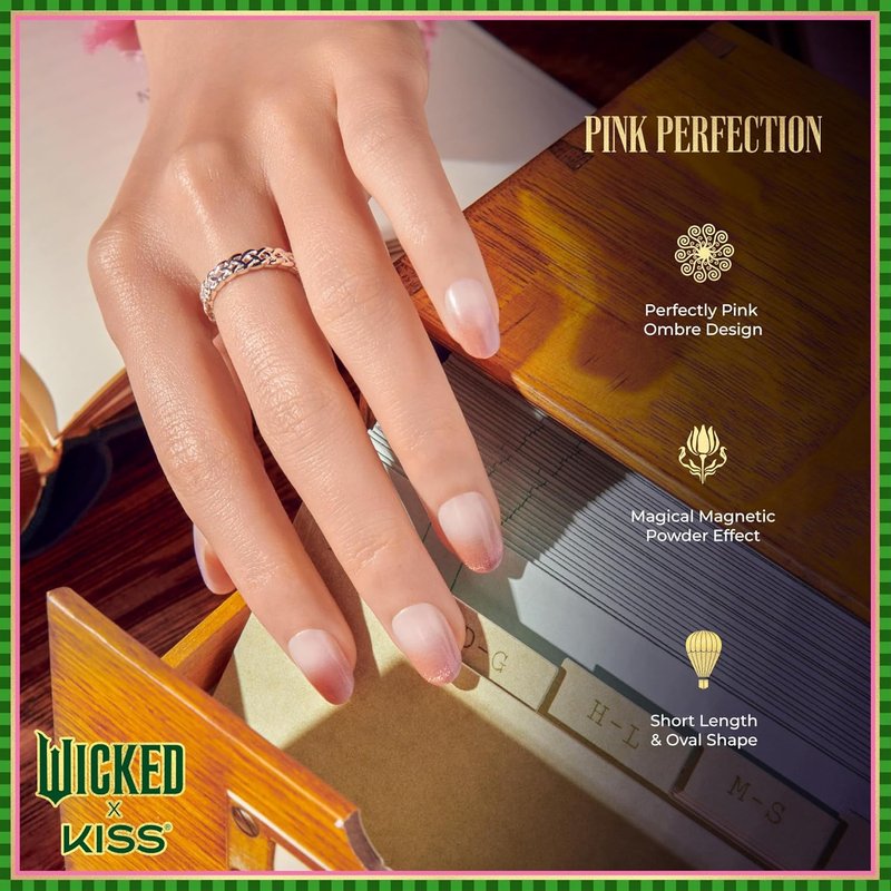 WICKED X KISS Press On Nails - Pink Perfection | Waterproof, Chip-Proof & Smudge-Proof | 28 Short Oval Nails with Gel Glue & Mini File