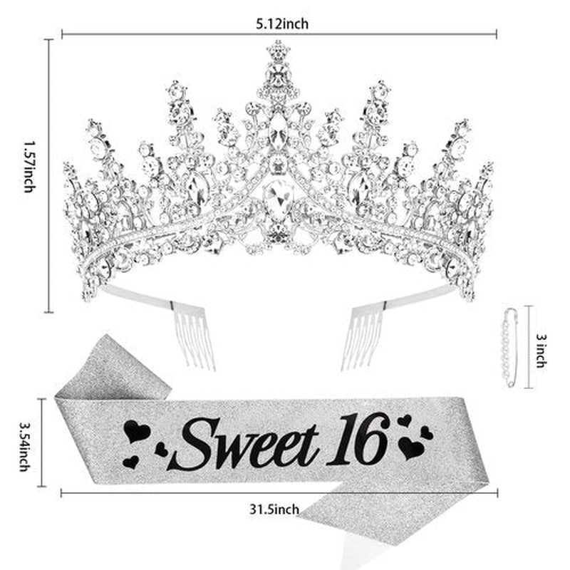 CURASA 16th Birthday Sash and Crown Silver Sweet 16 Sash 16th Birthday Tiara for Women Girls Sweet 16 Decorations Party Supplies