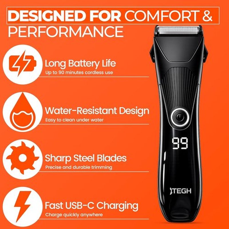 TEGH Men's Beard & Hair Grooming Trimmer - Cordless Waterproof Electric Trimmer with Adjustable Guards