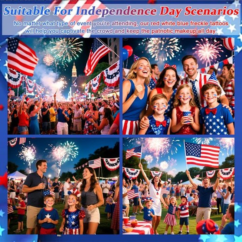 Boko 10Pcs Patriotic Temporary Tattoos, Red White Blue Independence Day Freckle Tattoos for Freckle Makeup, Waterproof Fake Freckles Makeup Patches for 4th of July Memorial Day Veterans Day Flag Party