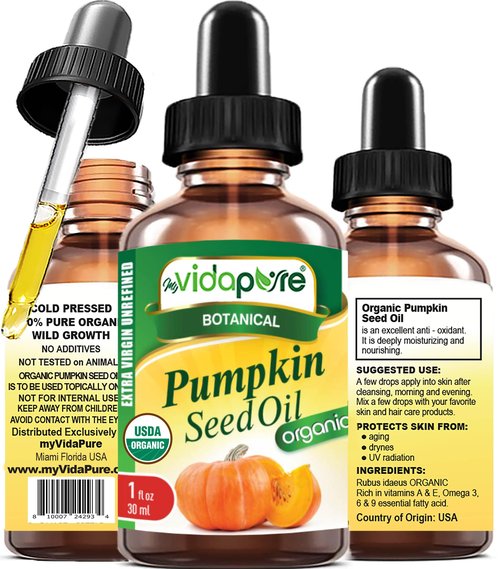 MYVIDAPURE Organic PUMPKIN SEED OIL Certified Organic WILD GROWTH RAW Pure EXTRA VIRGIN UNREFINED for Skin, Face, Body, Hair and Lip Care (1 Fl Oz)