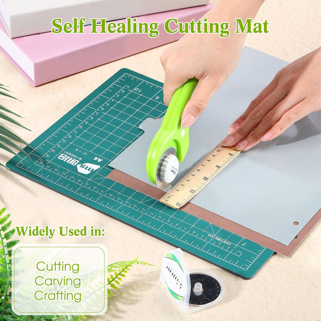 Chunful 5 Pcs Rotary Cutter Set 2 Pcs A4 Self Healing Cutting Mat & 45mm Fabric Cutter Wheel with 2 Blades 9 x 12 Inch Sewing Cutting Mats for Crafts Quilting Patch Working Hobby
