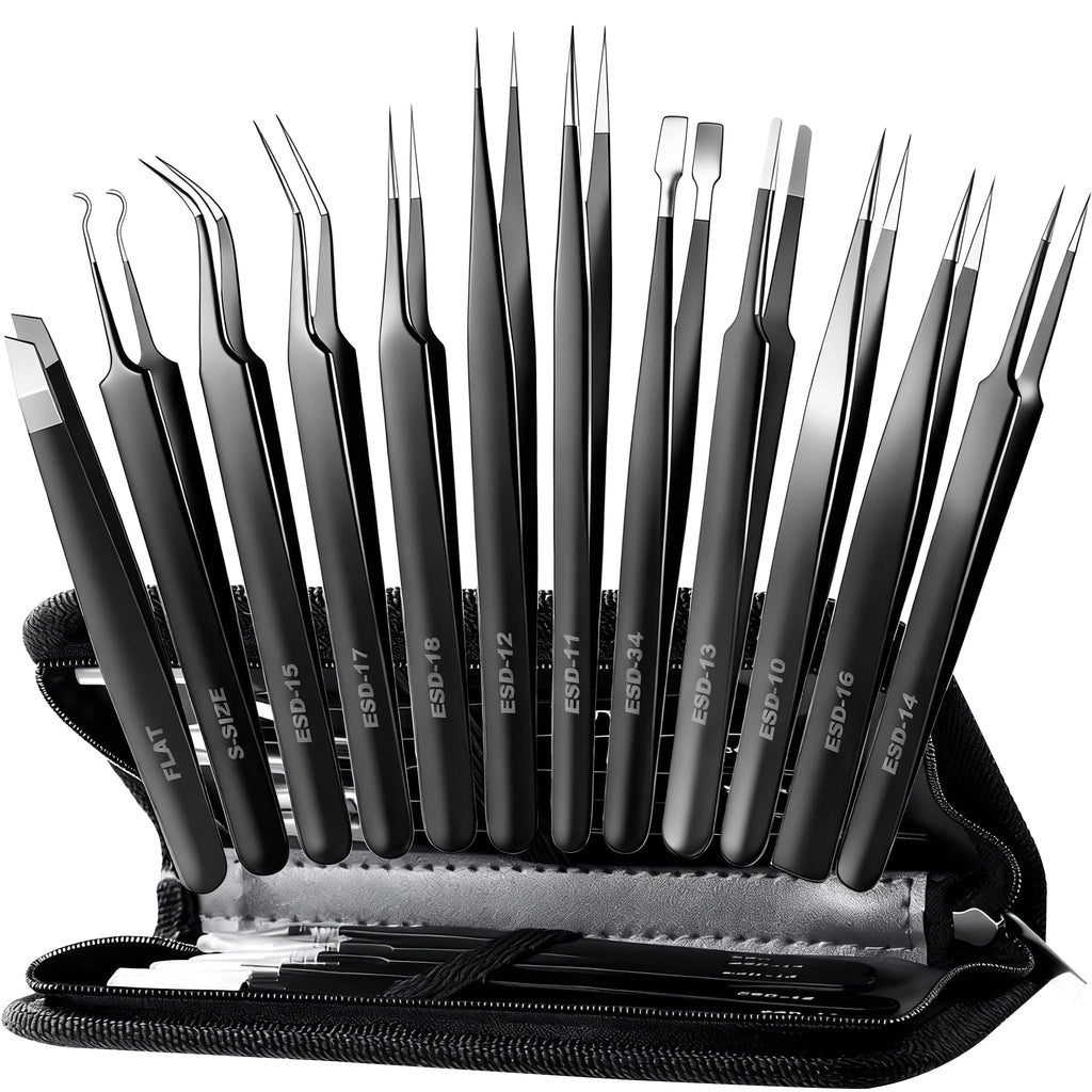 Antonki 12 Pack Precision Tweezers Set for Craft, Soldering, Jewelry, Facial Hair, Eyebrow, Ingrown Hair Removal, Eyelash Extension- with Case