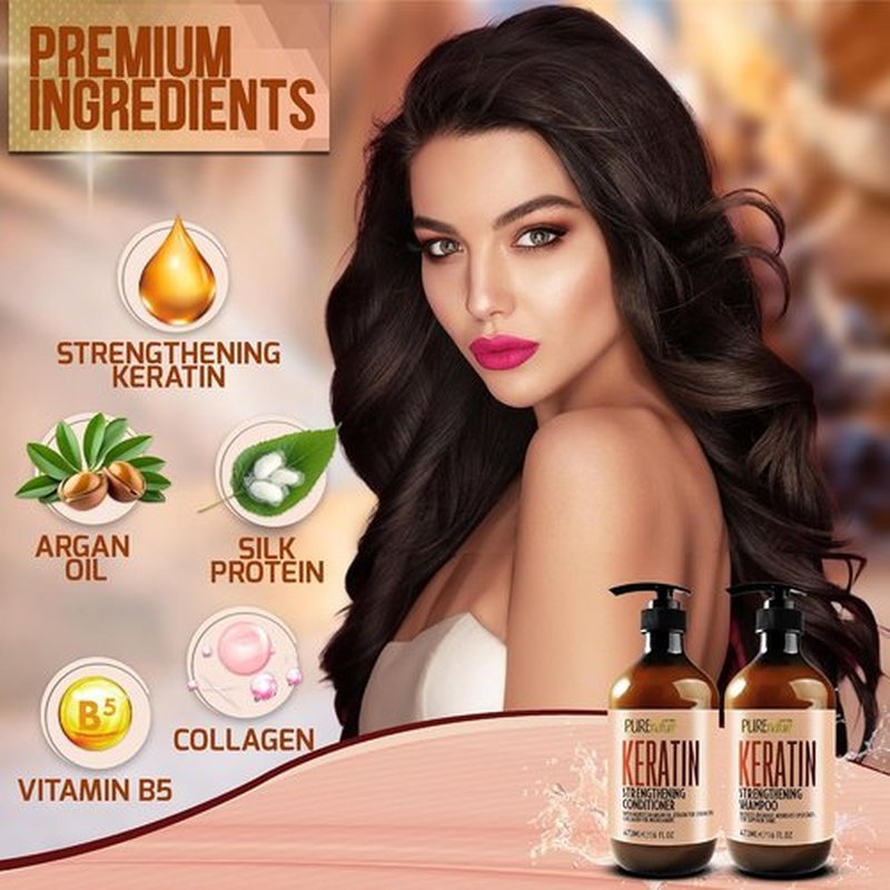 Keratin Shampoo and Conditioner Set - Sulfate & Paraben Free - Anti-Frizz, Collagen-Enriched for Dry, Curly Hair