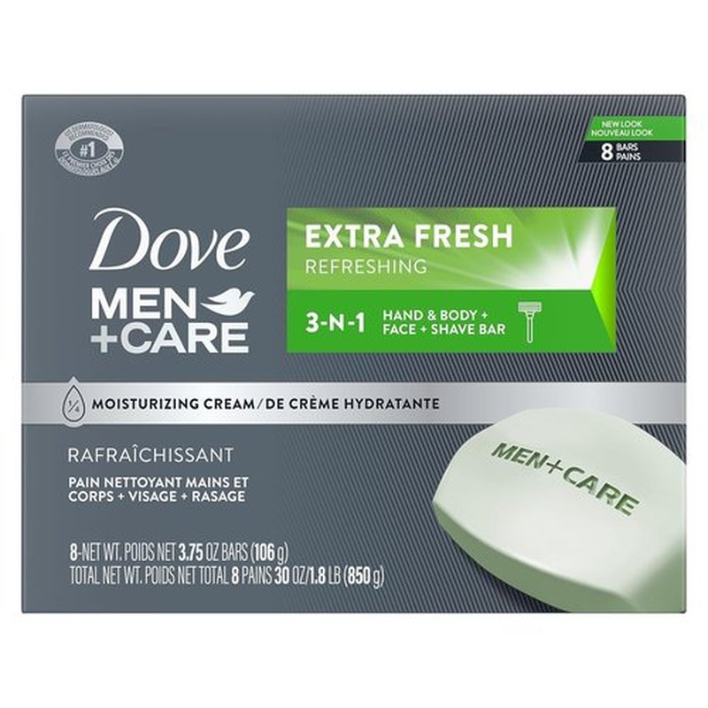 DOVE MEN + CARE 3-in-1 Bar Cleanser - Extra Fresh Body, Face & Shaving Cleanser | 3.75 oz (Pack of 8)