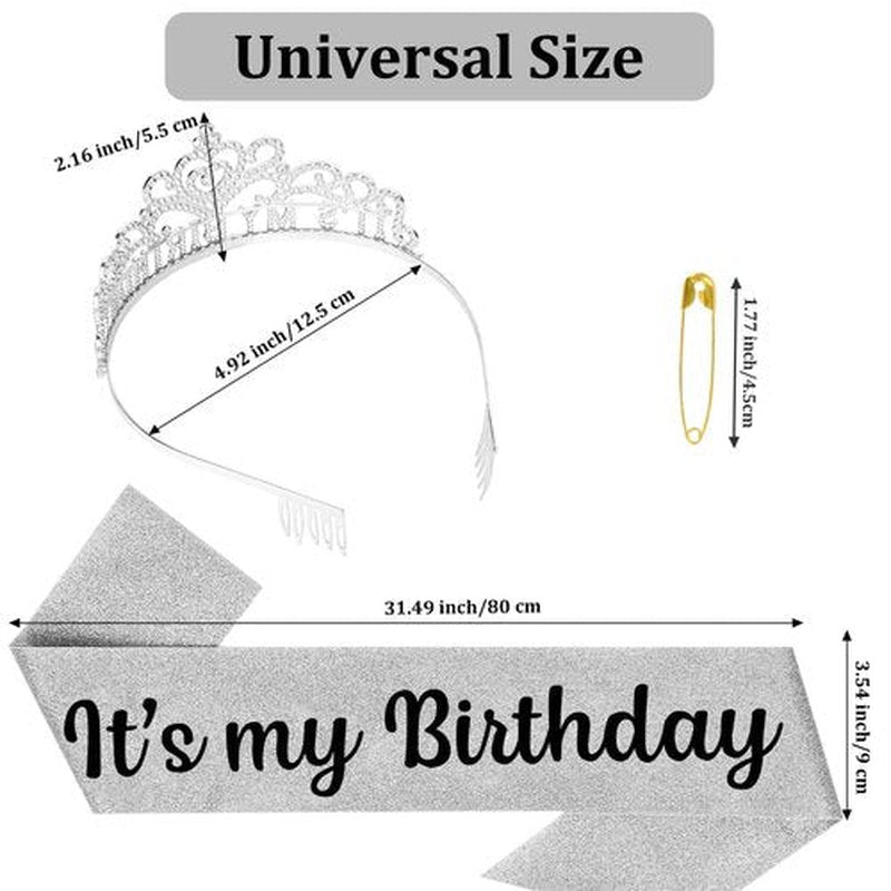 Araluky Silver Birthday Crown Adult Woman & Glitter It's My Birthday Sash for Women Princess Tiara for Parties Favors Party Decorations