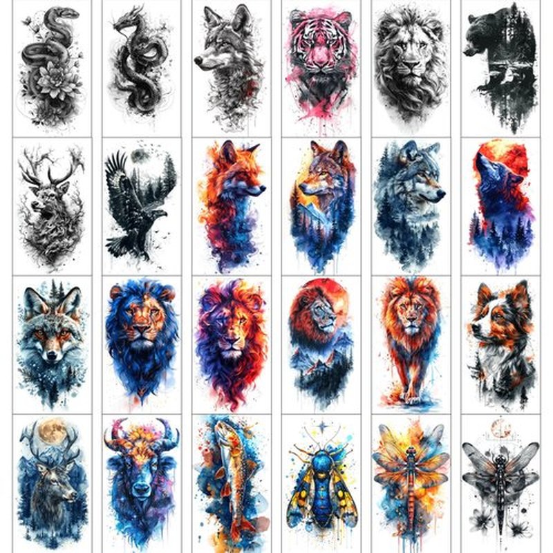 GLARYYEARS Temporary Tattoos for Men, 24-Pack Large Fake Tattoos, Long-lasting Animal Tattoos, Wolf Lion Snake Design Variety Pack Realistic Tattoos 3D, Cool on Half Arm Leg Back Body