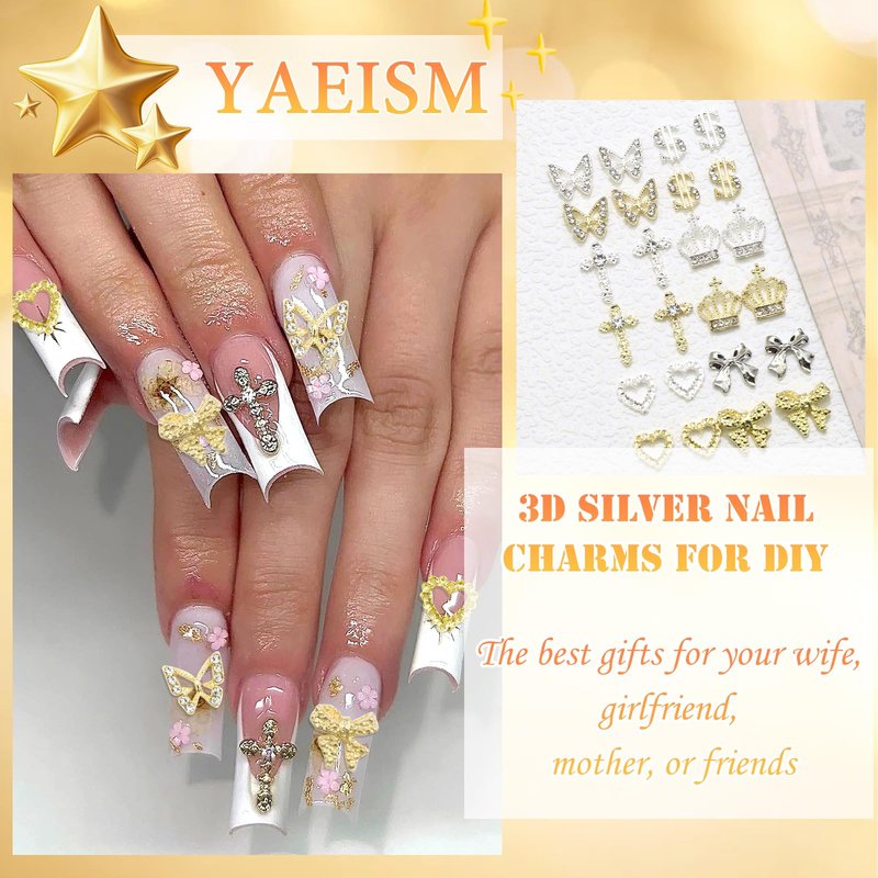 YAEISM 110PCS Gold Nail Charms 6 Types Silver Nail Charms 3D Butterfly Charms Shiny Dollar Sign Nail Charms Crystal Crown Nail Charms Alloy Heart Bow Nails for Nail Art and DIY Crafts Decoration
