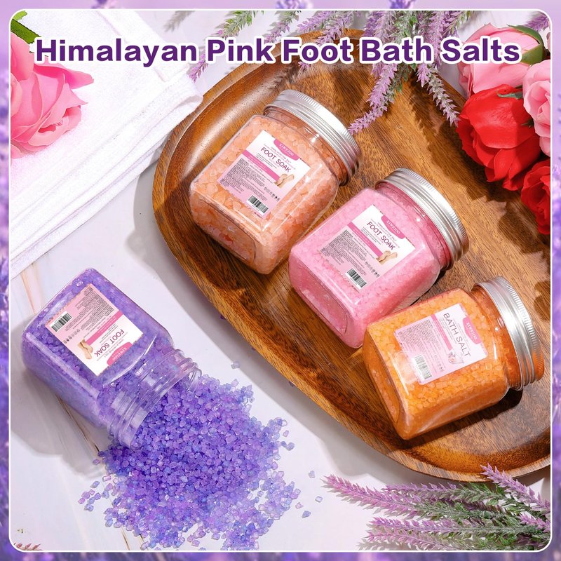 XIWEIOO 4 Pack Foot Soak Salts Kit Himalayan Pink Salt Tea Tree Oil Lavender rose Pure Epsom Salt Soak Pedicure Salt Softens Calluses & Soothes Foot Care Gifts for Mom women