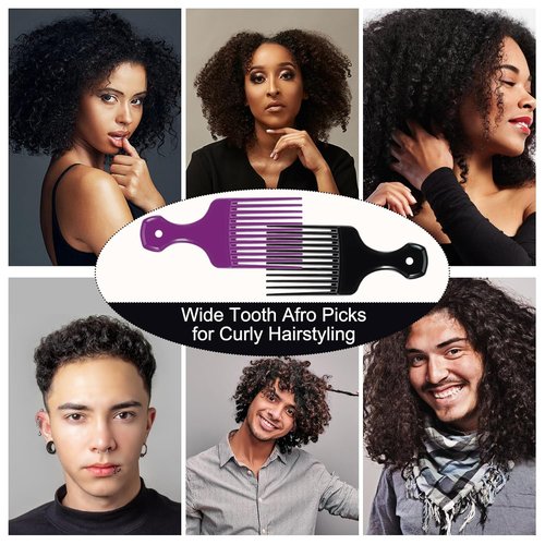 SIMPOR Hair Pick Comb Set - Wide Tooth Detangling Picks for Curly & Afro Hair | 2 Pcs in Purple & Black