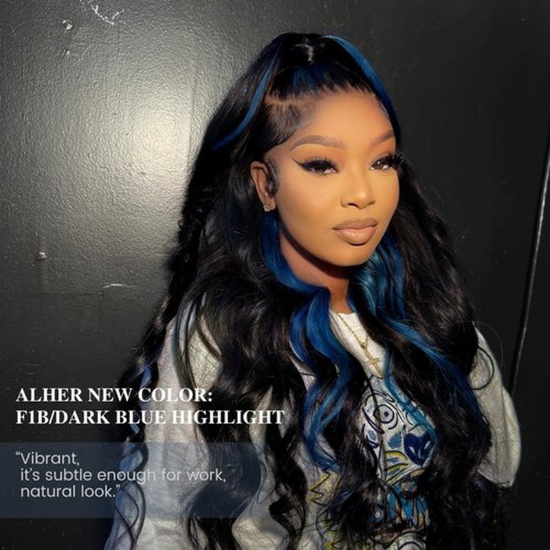 ALHER Black Mix Blue Highlight Bundle Human Hair Body Wave, 12A Soft Thick 3 Bundles Wavy Human Hair, 100% Remy Hair Midnight Blue Highlight Two Tone Subtle Colored Double Weft (#1B/Blue, 14 16 18 IN)