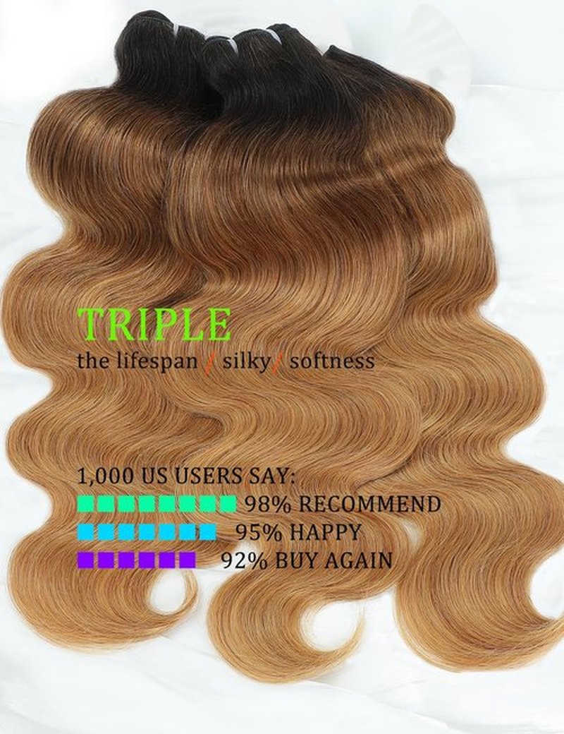 Chikamlty Ombre Bundles Human Hair, 16A Raw Indian Hair Bundles Body Wave, 14 Inch Colored Honey Blonde 1B27 Ombre Human Hair Bundles, 2 Years Service Life, Keep Texture Silky Soft Tangle-Free