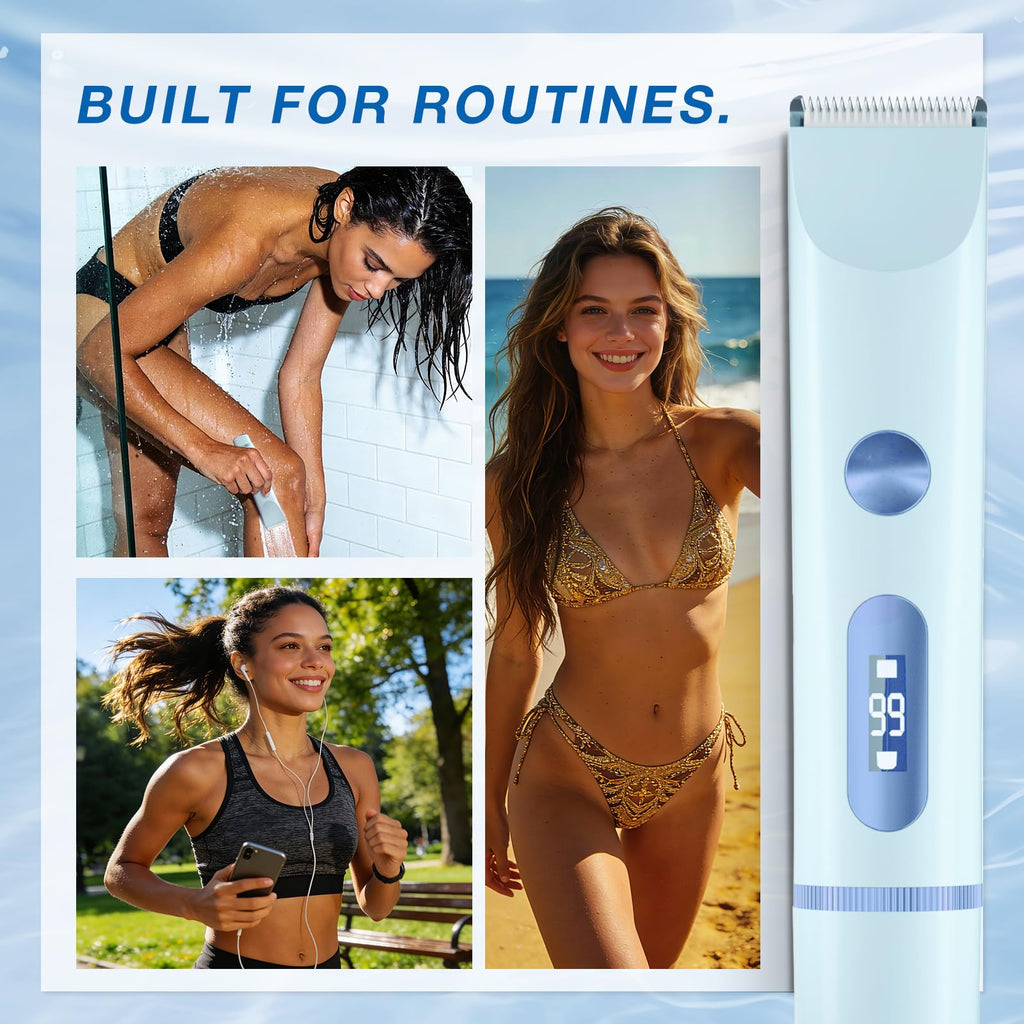 AMURS Bikini Trimmer for Women, Dual-Head Electric Body Hair Trimmer for Sensitive Areas, LED Battery Display, IPX7, USB-C Rechargeable Groomer for Bikini Line, Underarms, Legs & Face (Cloud Blue)