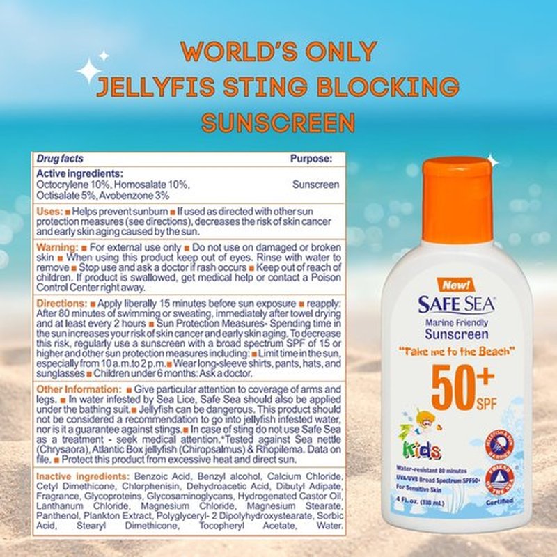 Safe Sea Jellyfish Sting-Blocking Sunscreen for Kids, SPF 50+ Lotion 4oz, Waterproof, Biodegradable, Coral Reef-Safe – Body and Face Sunscreen, Anti-Jellyfish and Sea-Lice sting protection.