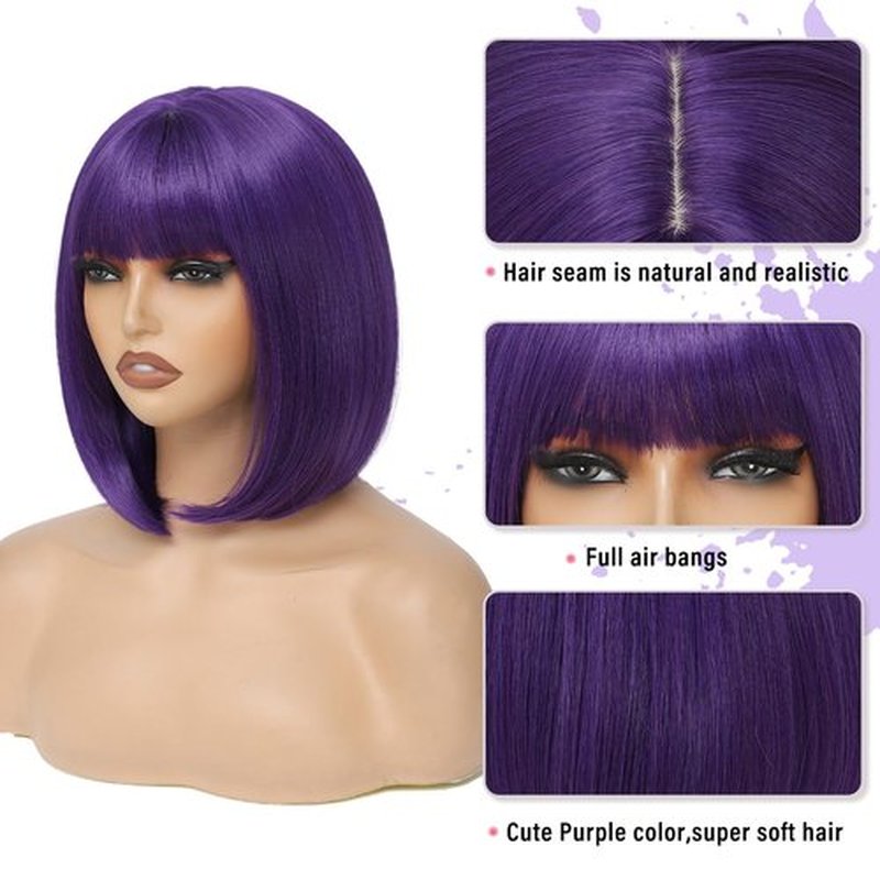 BEAUTIFA Dark Purple Bob Wig with Bangs for Women 12 Inch Short Straight Bob Purple Wigs Synthetic Colorful Wigs