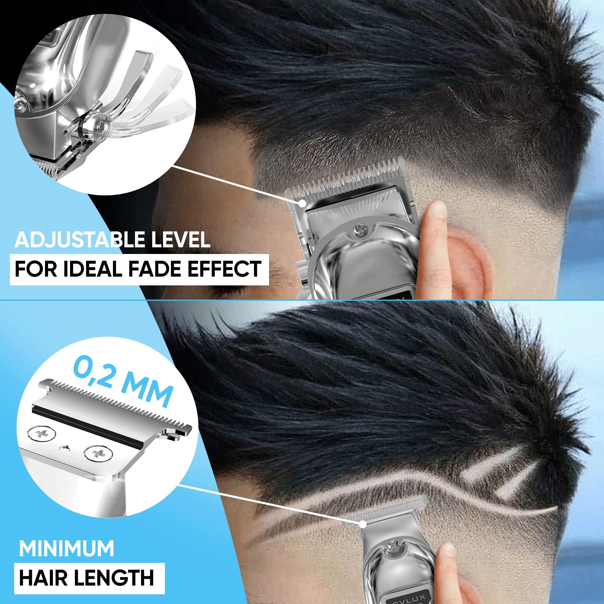 OVLUX Professional Cordless Hair Clippers for Men, Rechargeable Full Metal Beard Trimmer, Barbers Trimmer, Ideal Gift for Men, Dad - Silver. (Clipper & Trimmer Set)