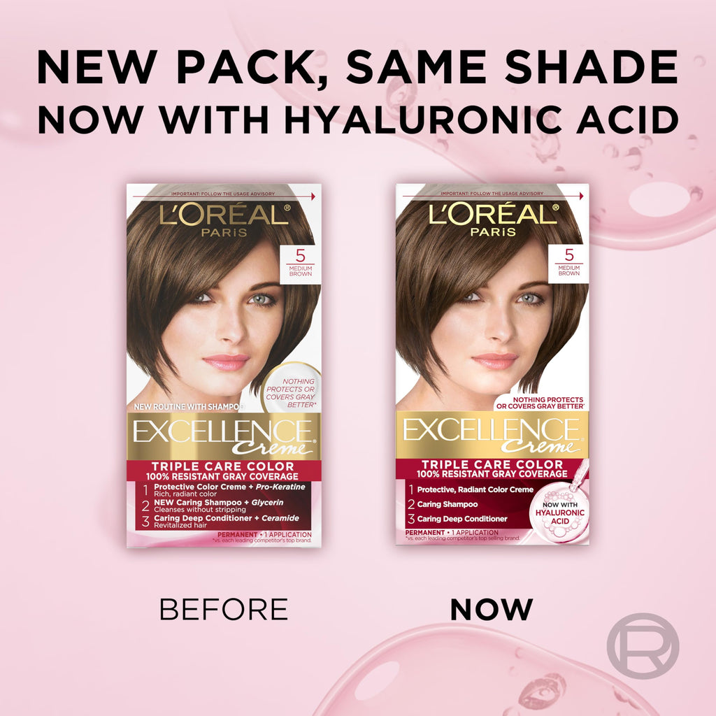 L'Oreal Paris Excellence Crème Permanent Hair Dye, Triple Care Hair Color with Hyaluronic Acid for 100% Gray Coverage, 5 Medium Brown, 1 Kit (Packaging May Vary)