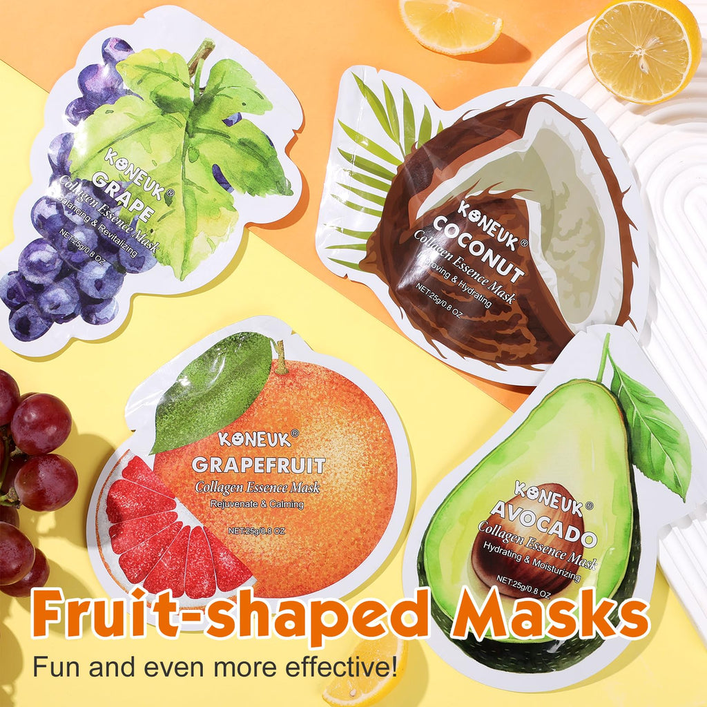 KONEUK 36 Pack Fruit Shaped Sheet Face Mask for Women, Collagen Hydrating and Moisturizing Face Masks Skincare for Dry Skin, Bulk Mothers Day Gifts, Spa Party Gifts, Nurse Gifts(9 Types x 4 Pcs)