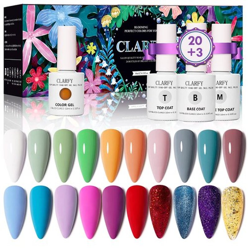 CLARFY Gel Nail Polish Kit 10ML/23PCS with Base Coat, Matte and Glossy Top Coat, Pink Blue White 20 Colors, Spring Summer Gel Polish Set for Nail Art, Salon, DIY Manicure, Gifts for Women, Girls
