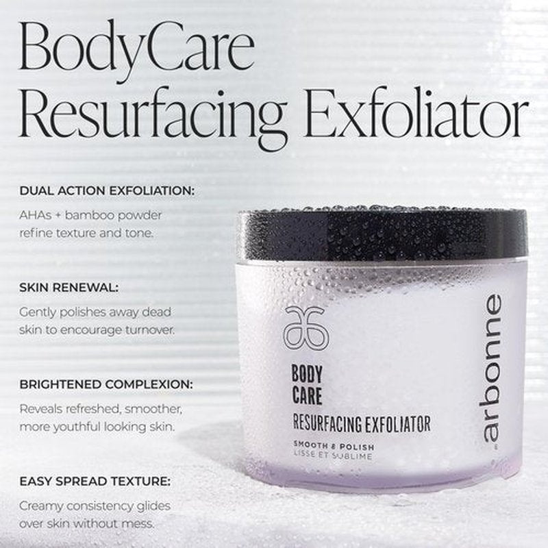 BodyCare Resurfacing Exfoliator – Gentle Dual-Action AHA and Plant-Based Polish for Smoother, Brighter, Baby-Soft Skin, Even Complexion, Spa-Like Experience, by Arbonne.