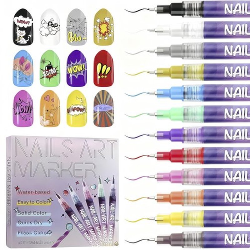 0.5 MM Nail Art Pens Set 12 Colors, 3D Nail Polish Pens Waterproof and Quick-drying, Drawing Painting Point Liner Acrylic Painted Pen Kit for Home Salon, Nail Art Pen Kit for Beginners (12 Colors)