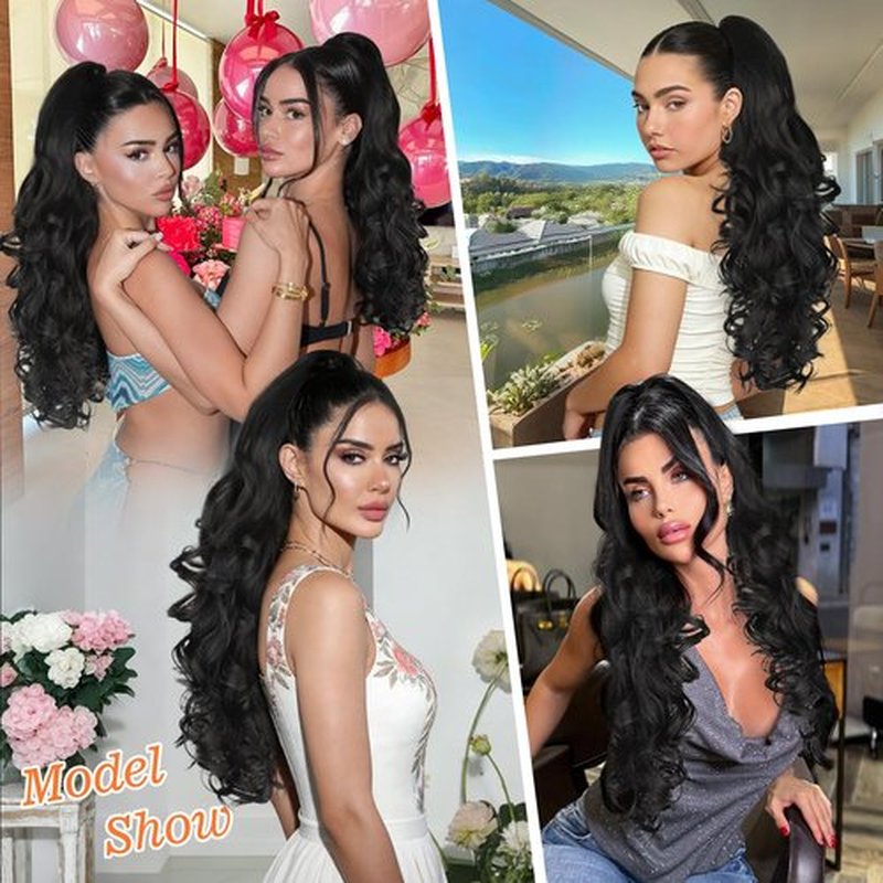 ALXNAN Ponytail Extension,24 Inch Claw Clip in Long Curly Wavy Black Ponytail Hair Extension Jaw Clip on Pony Tails Hairpiece for Women