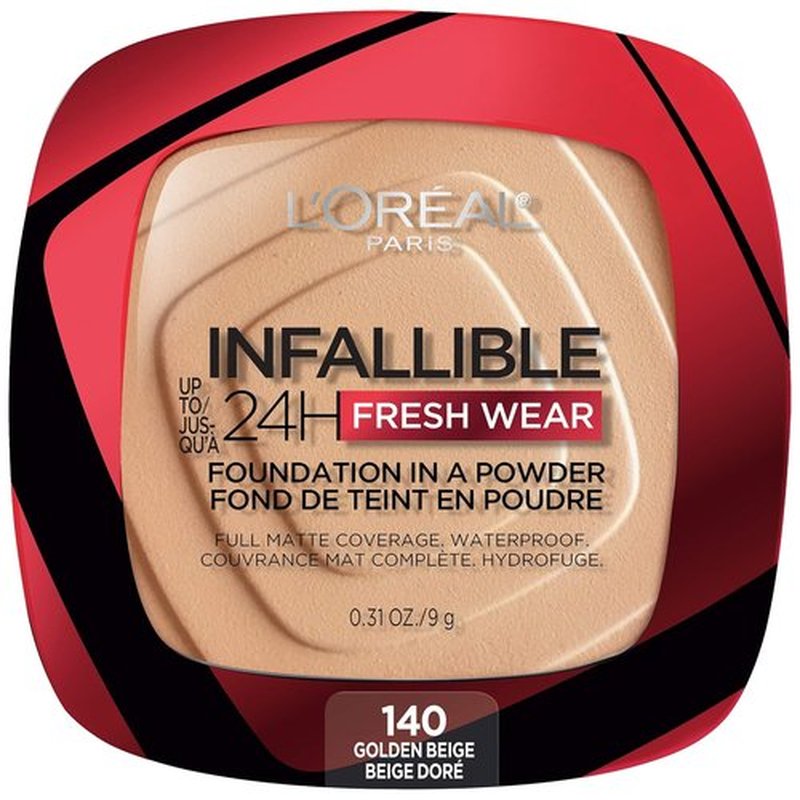 L'Oreal Paris Infallible Fresh Wear Powder Foundation - Waterproof, 24H Long-Lasting, Golden Beige, 0.31 oz.