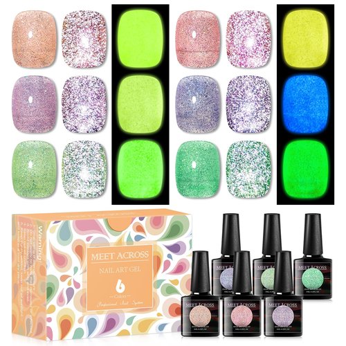 MEET ACROSS Glow in Dark Gel Nail Polish, 6 Colors Luminous Glitter Gel Polish Set, Reflective Glitter Gel Polish Manicure Kit, Purple Pink Green Sparkly Gel Nail Kit Gift for Beginners DIY at Home
