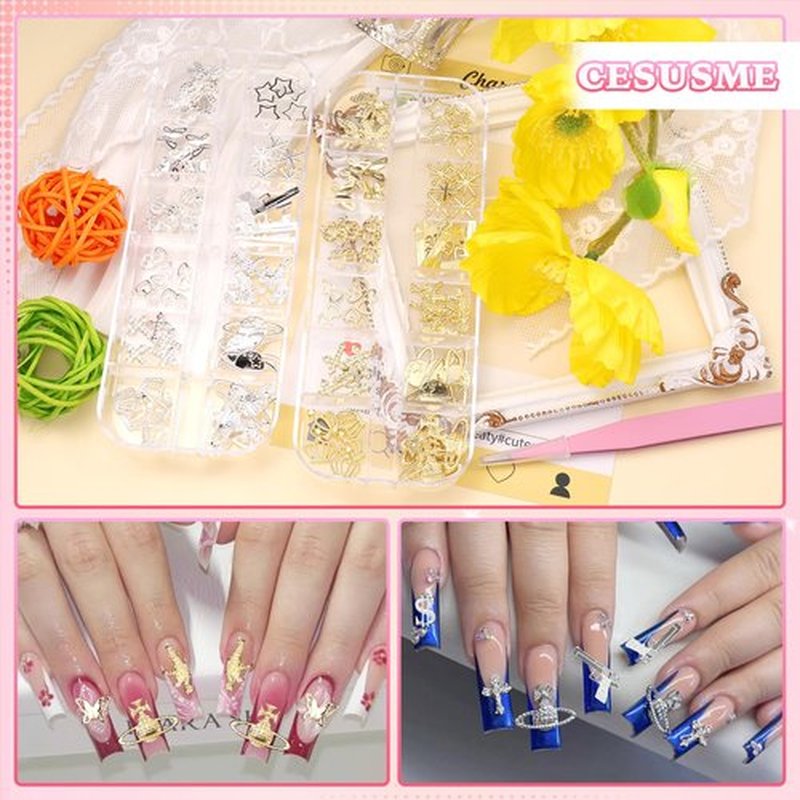120 Pcs Silver Gold Nail Charms, Gun Cross Star Heart Planet Nails Charms and Gems, Metal Dollar Star Butterfly Y2K Nail Charm for Nails Art Design DIY Accessories