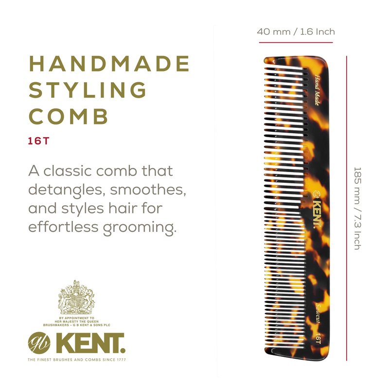 Kent 16T TY Fine and Wide Tooth for Daily Grooming,Handmade Styling Comb for All Hair Types,Wet or Dry Hair Detangling Comb for Men and Women,Saw Cut Hand Polished,Made in England