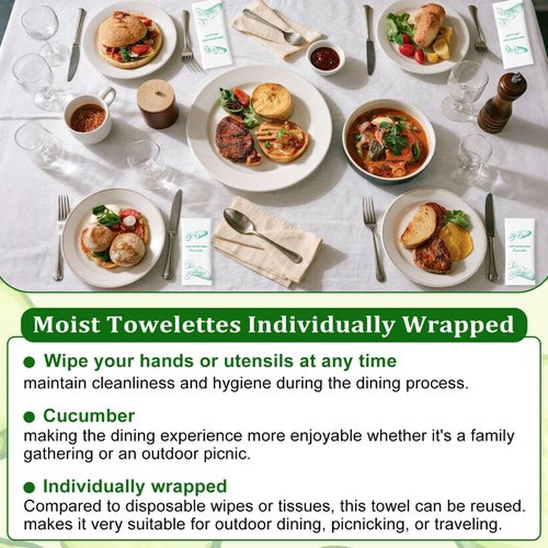 Moist Cotton Towel Bulk Moist Towelettes Individually Wrapped,White Towel Services,Refreshment Pre Moistened Towels for Dentist Travel Sport Party Hotel 50，Green tea (pack of 50, Cucumber)