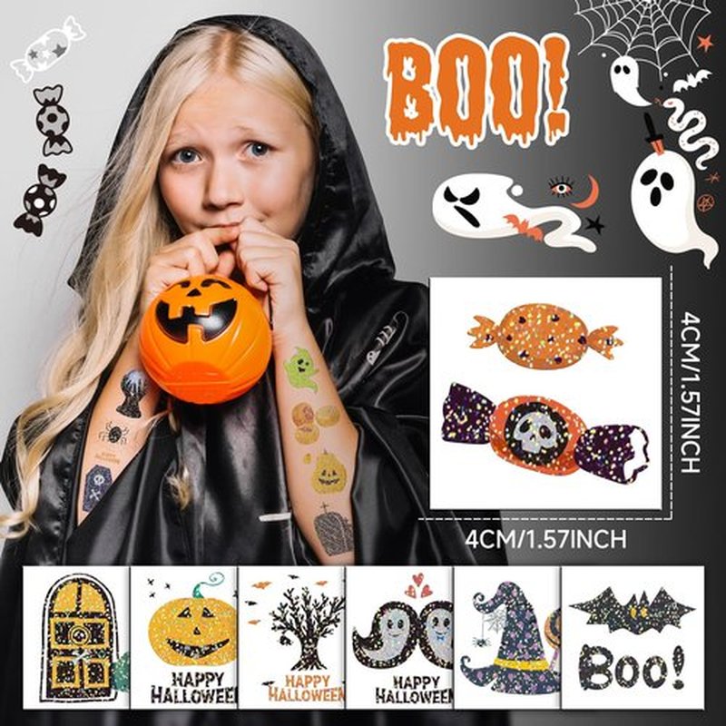 EMOME 408 PCS Glitter Halloween Tattoos for Kids, Cute Temporary Tattoo Stickers for Halloween Birthday Party Decorations, Individual Wrapped Halloween Non-Candy Treats Gifts for Kids Tattoos Bulk