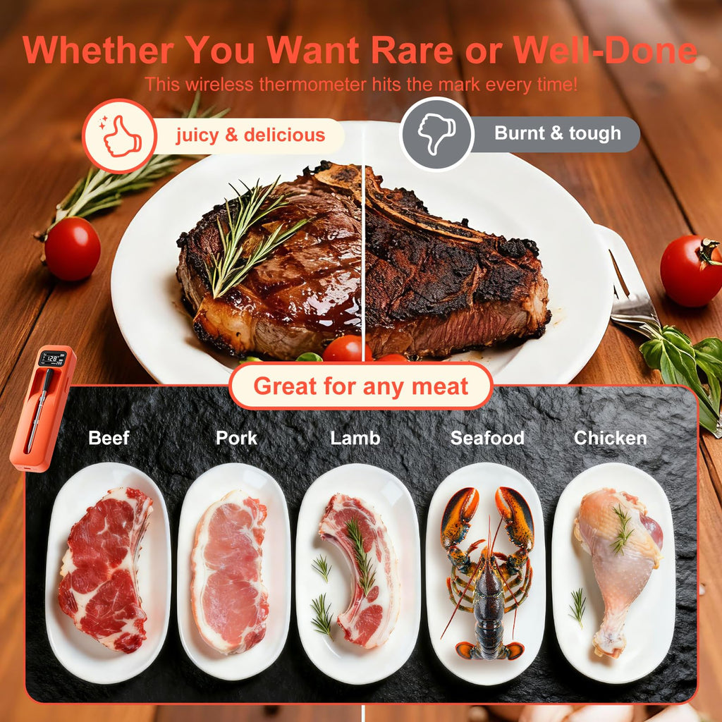 Smart Wireless Digital Meat Thermometer with Ceramic Probe, Food Thermometer Standalone Display Base 3000FT Range Real-time Monitoring ±0.5°F Accuracy,for BBQ/Oven/Grill/Smoker/Air Fryer