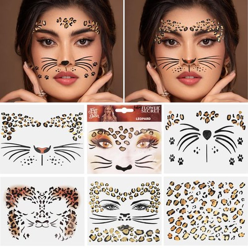 Exlinonline 6Pcs Cheetah Face Stickers, Leopard Skin Face Tattoos for Women, Perfect for Halloween Costume Parties Cheetah Makeup