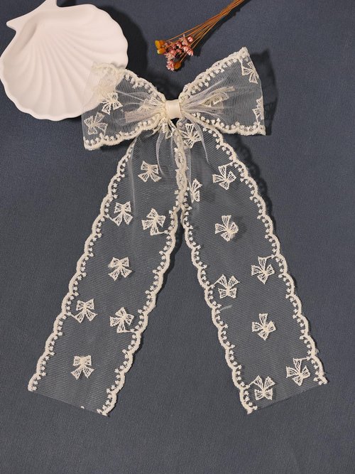 LFOUVRE Beige Lace Hair Bows with Embroidered Flowers - Bowknots, Barrettes, and Hair Clips with Long Tails for Women (3pcs)