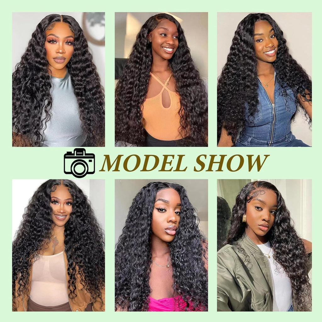 Wahairse Human Hair Bundles 1B Deep Wave Bundles Natural Color Human Hair Unprocessed Brazilian Virgin 3 Bundles Quick Weave Human Hair Extensions 300g (1B# Deep Wave, 14 16 18)