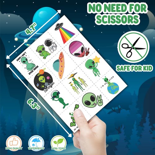 Cherisnowy 72 PCS Alien Party Favors 48 Tattoos Sticker and 24 Slap Bracelets Wristbands Perfect for Space Themed Birthday Baby Showers or Classroom Rewards Ideal Decor and Gifts for Girls and Boys