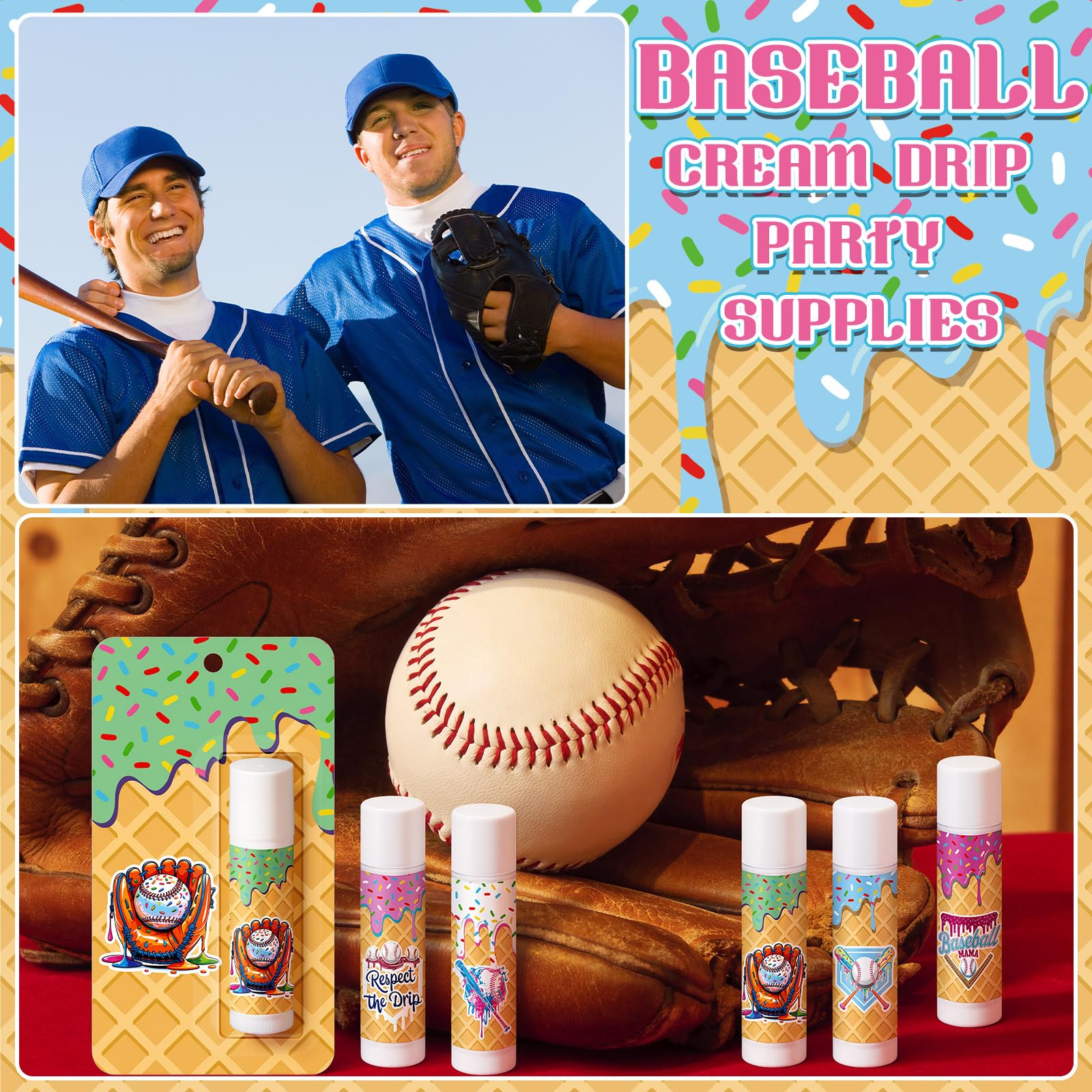 Loopeer 45 Pcs Ice Cream Baseball Drip Party Favor Gifts Bulk Baseball Drip Lip Balms Goodie Bags Favors Sports Team Gifts Birthday Party Decoration Inspirational Accessories for Teen Adult(Classic)