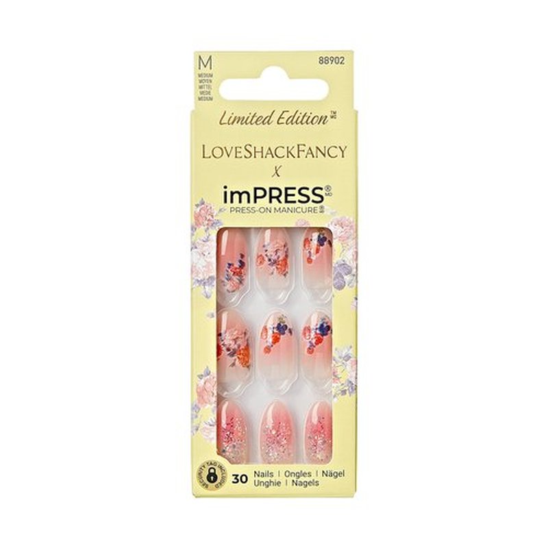 KISS LoveShackFancy x imPRESS Press-On Manicure Limited Edition, Style "Citrus Candy" Medium Almond Pink Press-On Nails, Includes Prep Pad, Mini Nail File, Cuticle Stick, & 30 Fake Nails