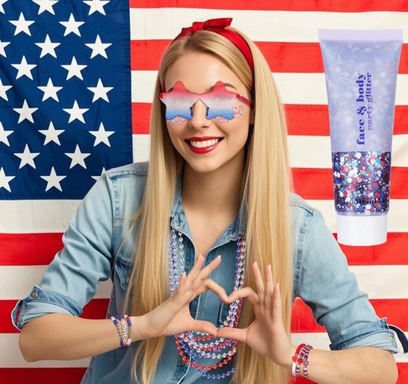 Go Ho 4th of July Outfits for Women,Red White and Blue Face Body Glitter,9PC Necklaces,3PC Star Glasses and 6PC Patriotic Bracelets,4th of July Accessories,Fourth of July Decorations Favors Set