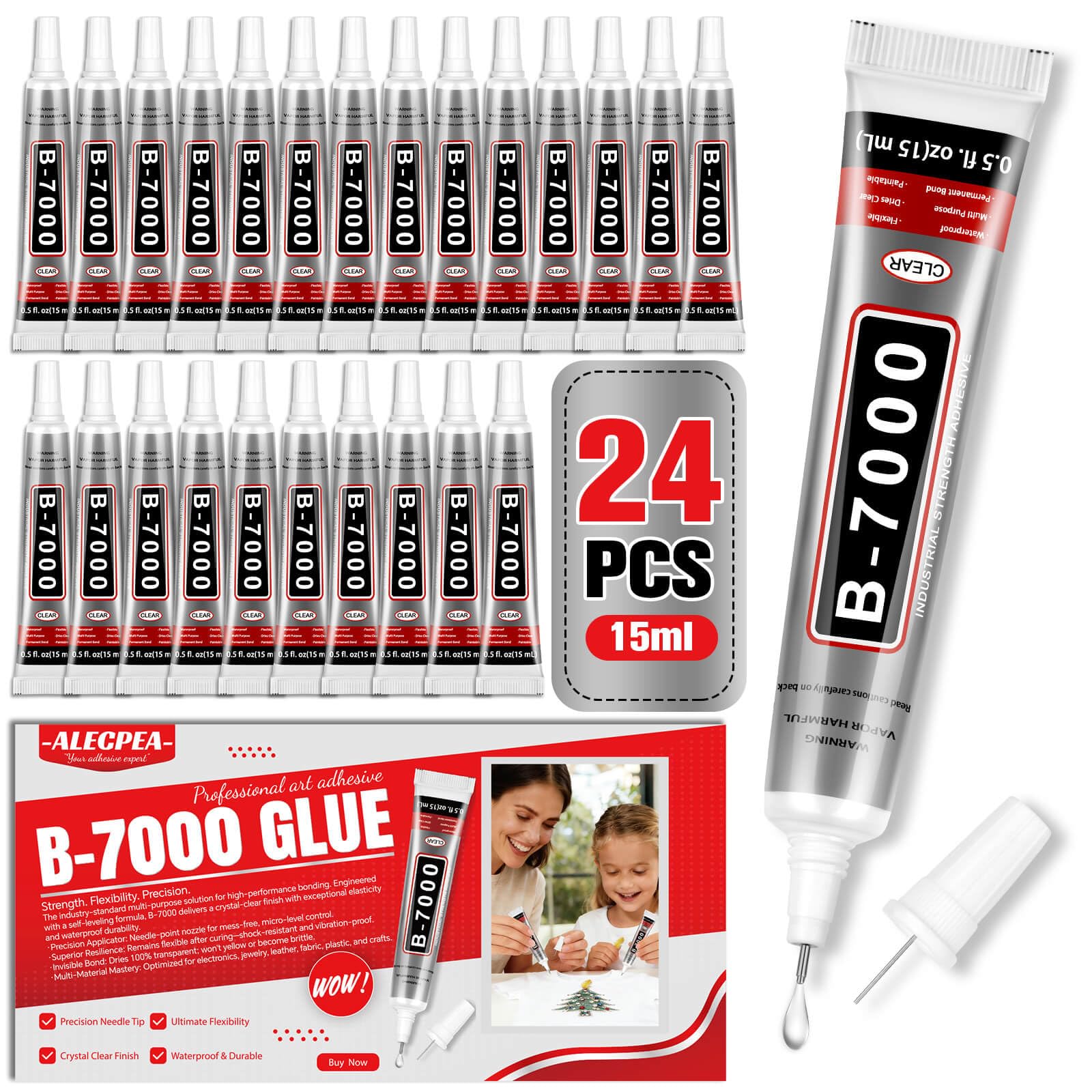 B-7000 Glue Clear with Precision Tip, 15ml 24 Pack Multi-Function Craft Adhesive, Waterproof Strong Bond Glue for Jewelry Making, Rhinestones, Bedazzling, Crafts, Shoes, Fabric, Phone Repair